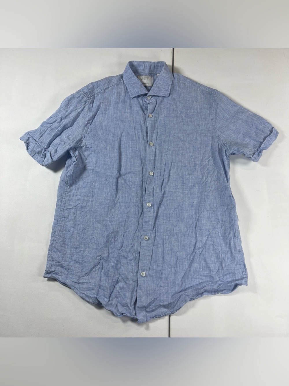 BAIRD MCNUTT Men's M Blue 100% Linen Murano Short Sleeve Button Up Shirt
